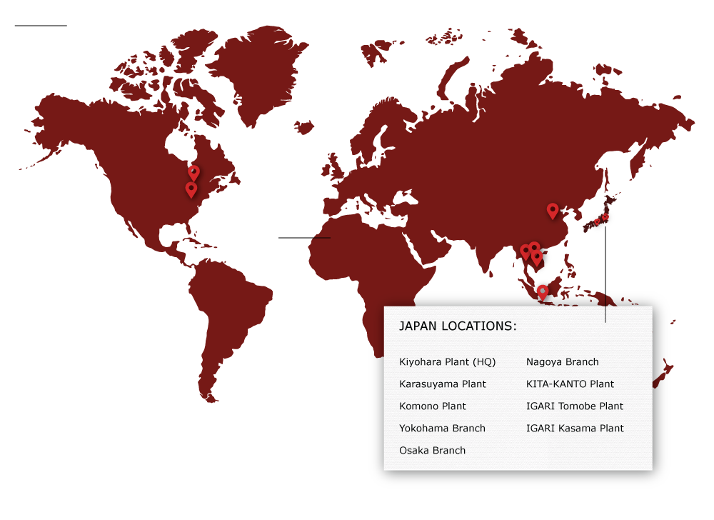 global map with pinned U.S., Asia and Japan Murotech locations
